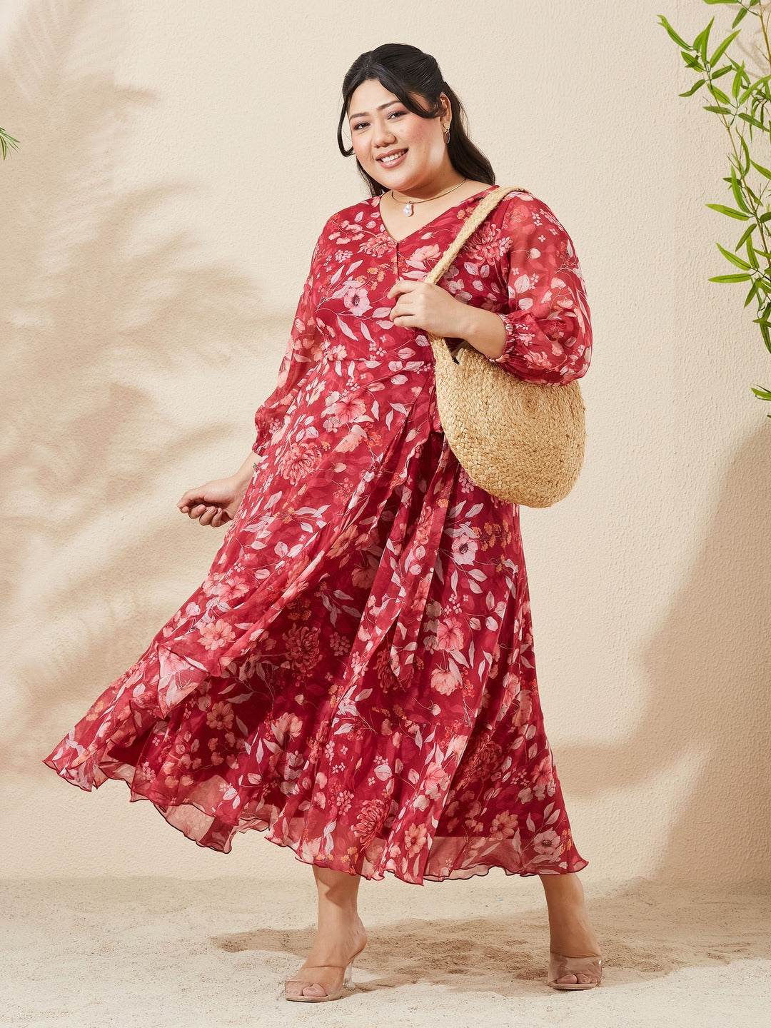 Maroon Floral V-Neck 3/4 Sleeve Wrap Midi Chiffon Dress for Women