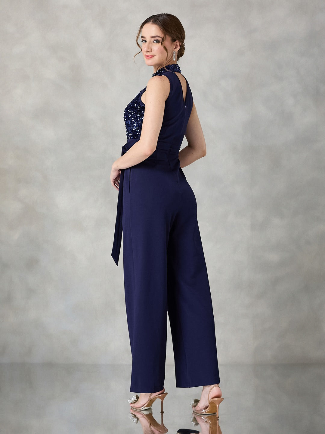 Navy Blue Halter Neck Sleeveless Embellished Jumpsuit for Women