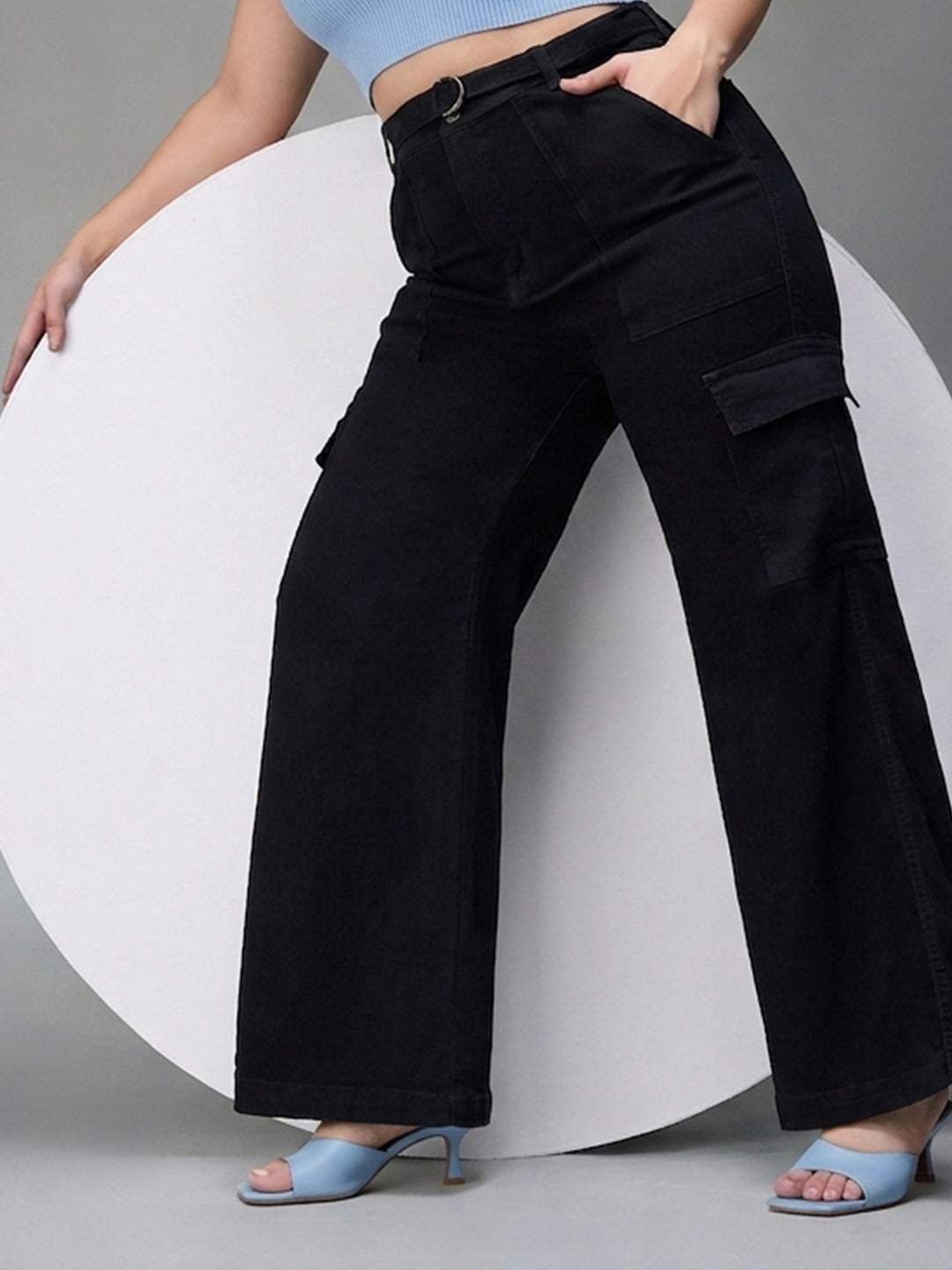 Black Wide leg High rise Regular Stretchable Denim Jeans for Women