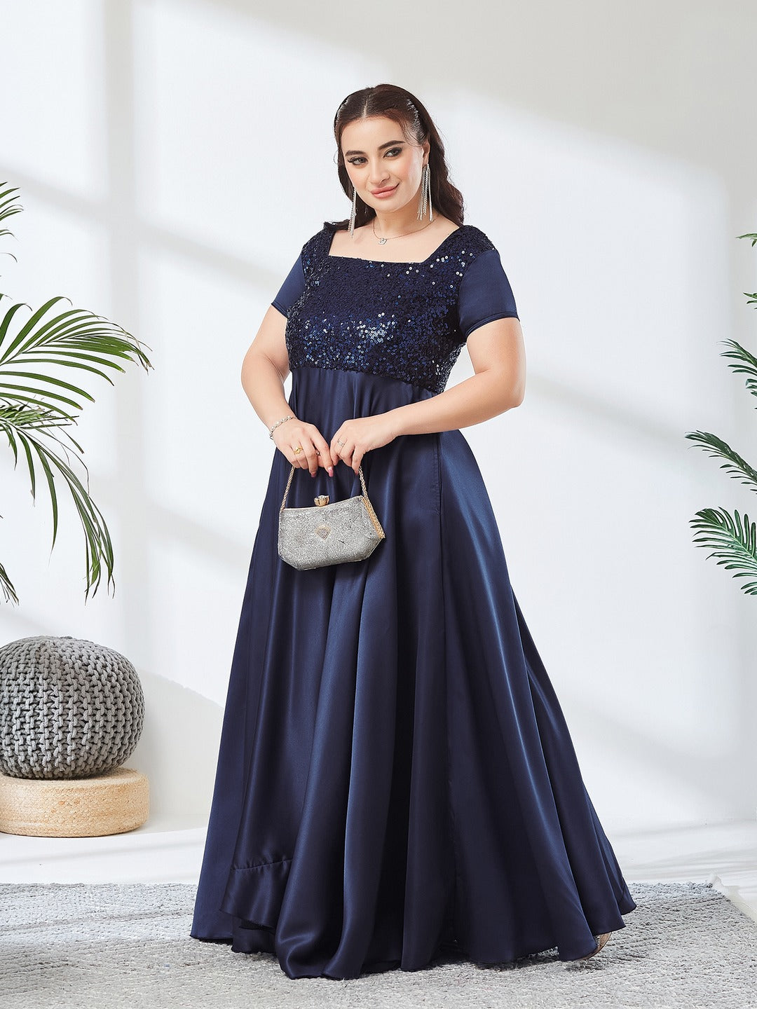 Navy Blue Square Neck Short Sleeve Embellished Polyester Fit & Flare Maxi Dress for Women