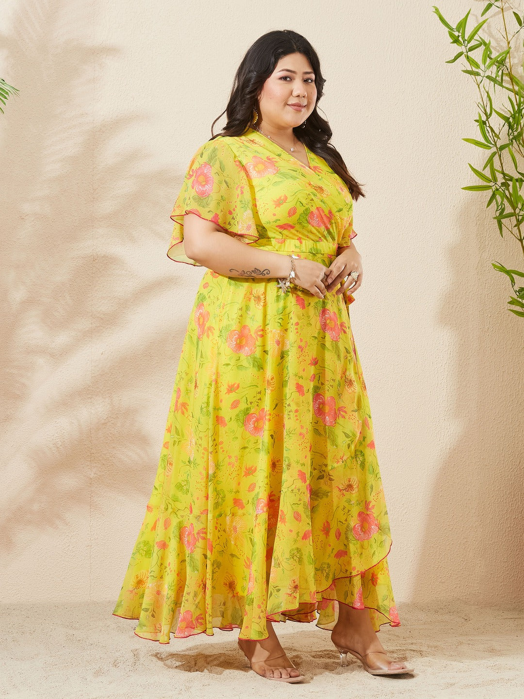 Acid Yellow V-Neck Flared Floral Overlap/Tie-Up Maxi Chiffon Dress for Women