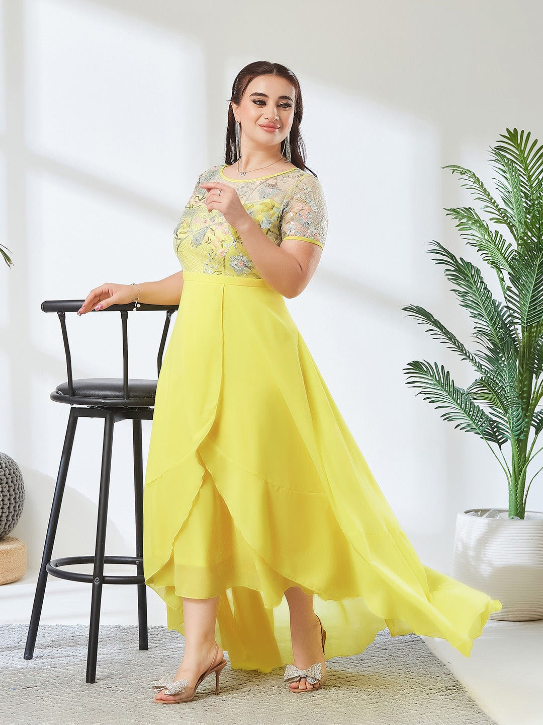 Yellow Round Neck Short Sleeve Floral Layered Georgette Midi Dress for Women