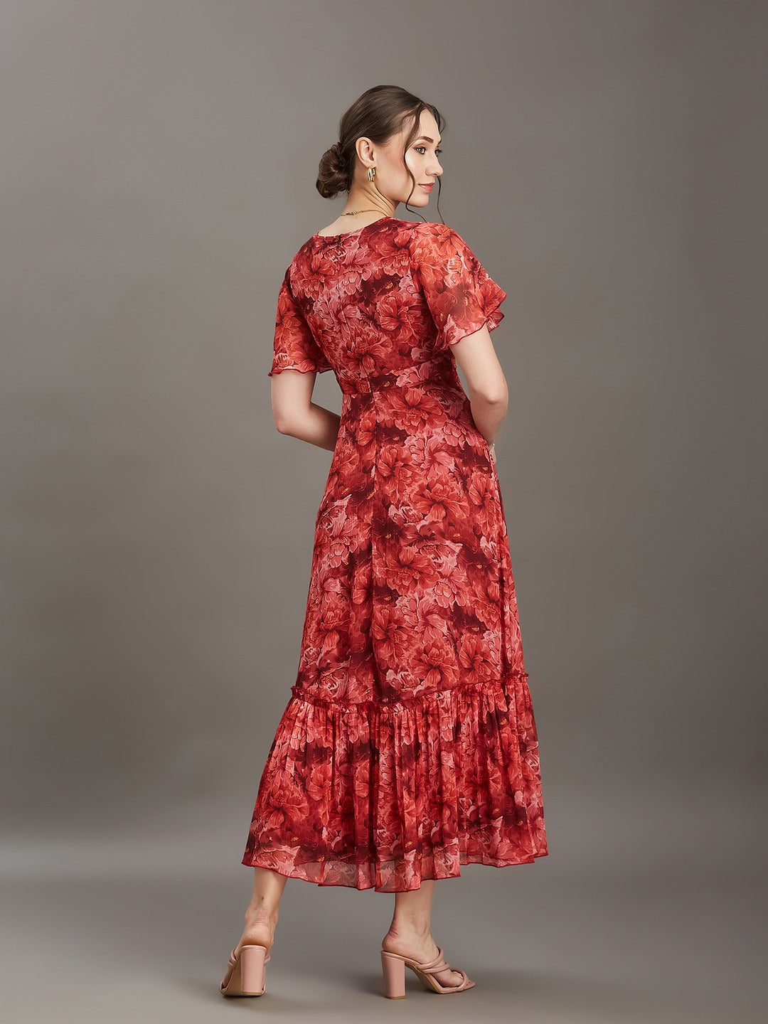 Red V-Neck Half Sleeve Floral Wrap Maxi Chiffon Dress for Women