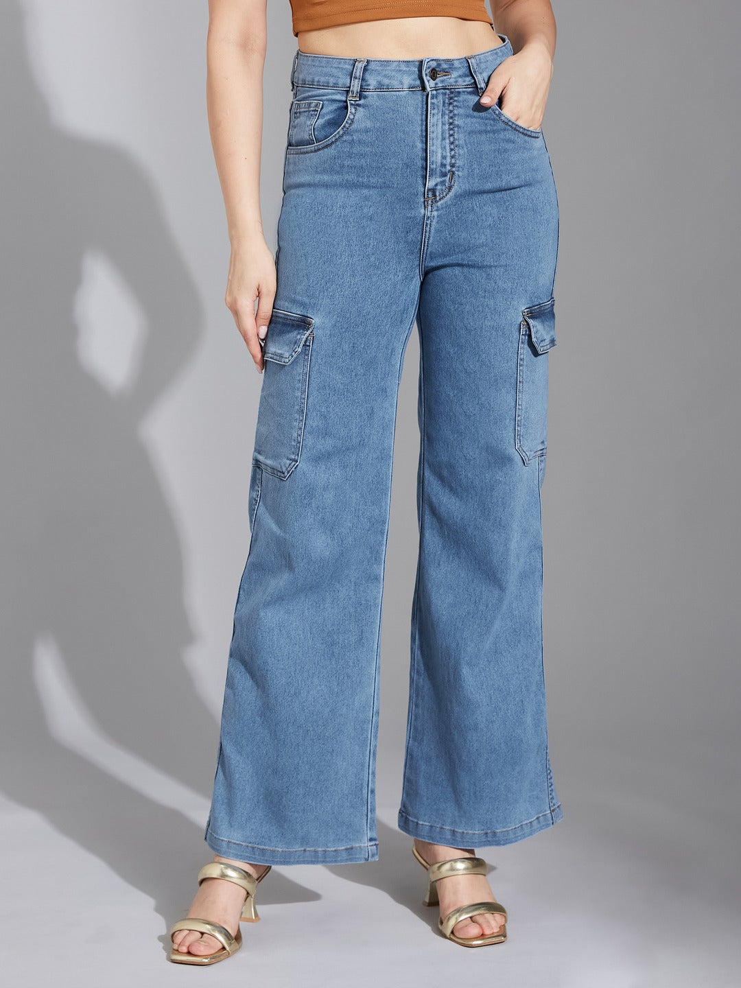 Blue Wide-Leg High-Rise Heavy Wash Stretchable Cargo Denim Jeans for Women