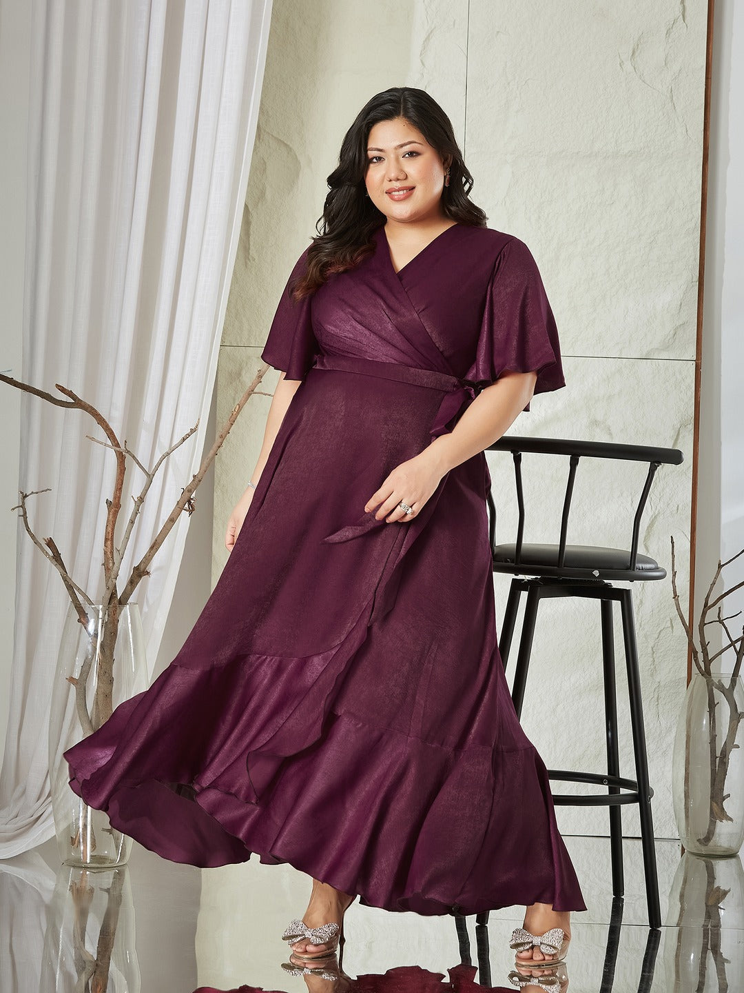 Wine V-Neck Flared Solid Overlap/Tie-Up Midi Satin Dress for Women