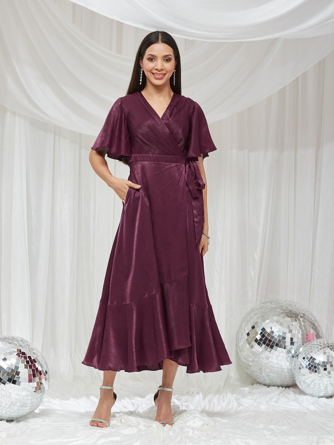 Wine V-Neck Flared Solid Overlap/Tie-Up Midi Satin Dress for Women