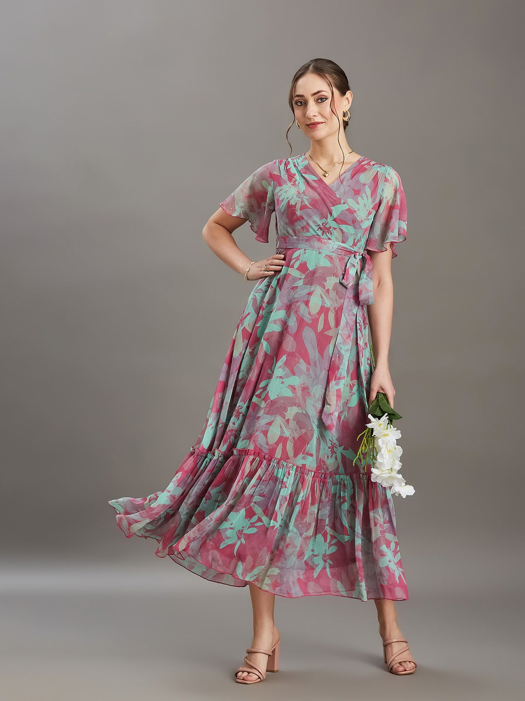 Pink & Mint Floral V-Neck Flutter Sleeve Wrap Chiffon Maxi Dress for Women
