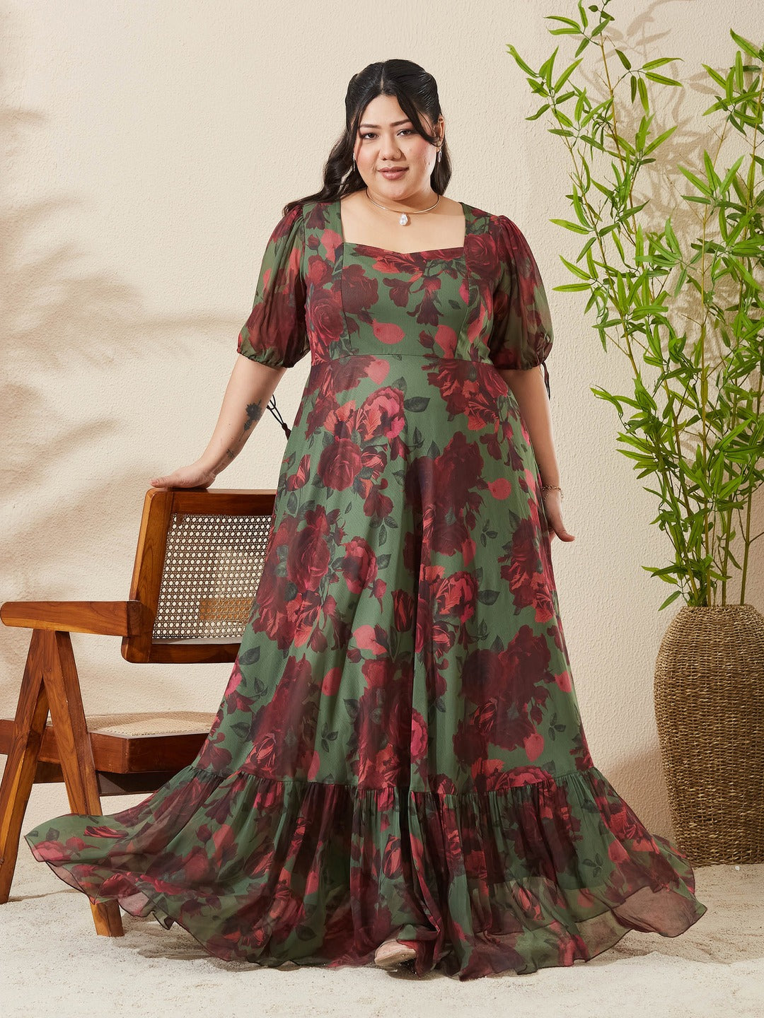 Olive And Wine Sweetheart Neck Puff Sleeve Floral Tiered Maxi Chiffon Dress for Women
