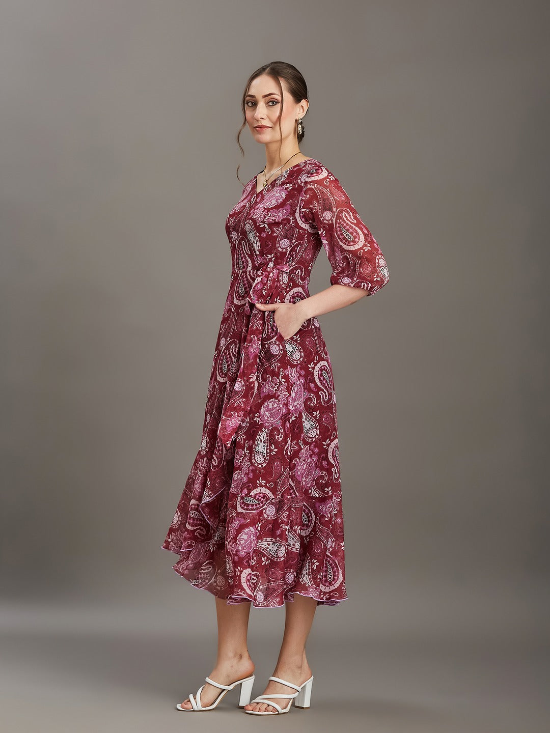 Multicolored Wine Floral V-Neck 3/4 Sleeve Wrap Midi Chiffon Dress for Women