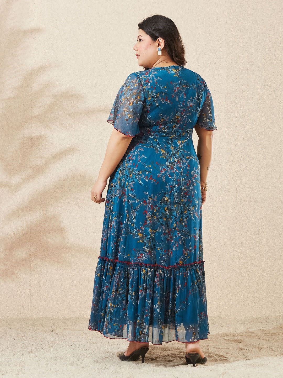 Teal Floral V-Neck Flared Sleeve Wrap Chiffon Maxi Dress for Women