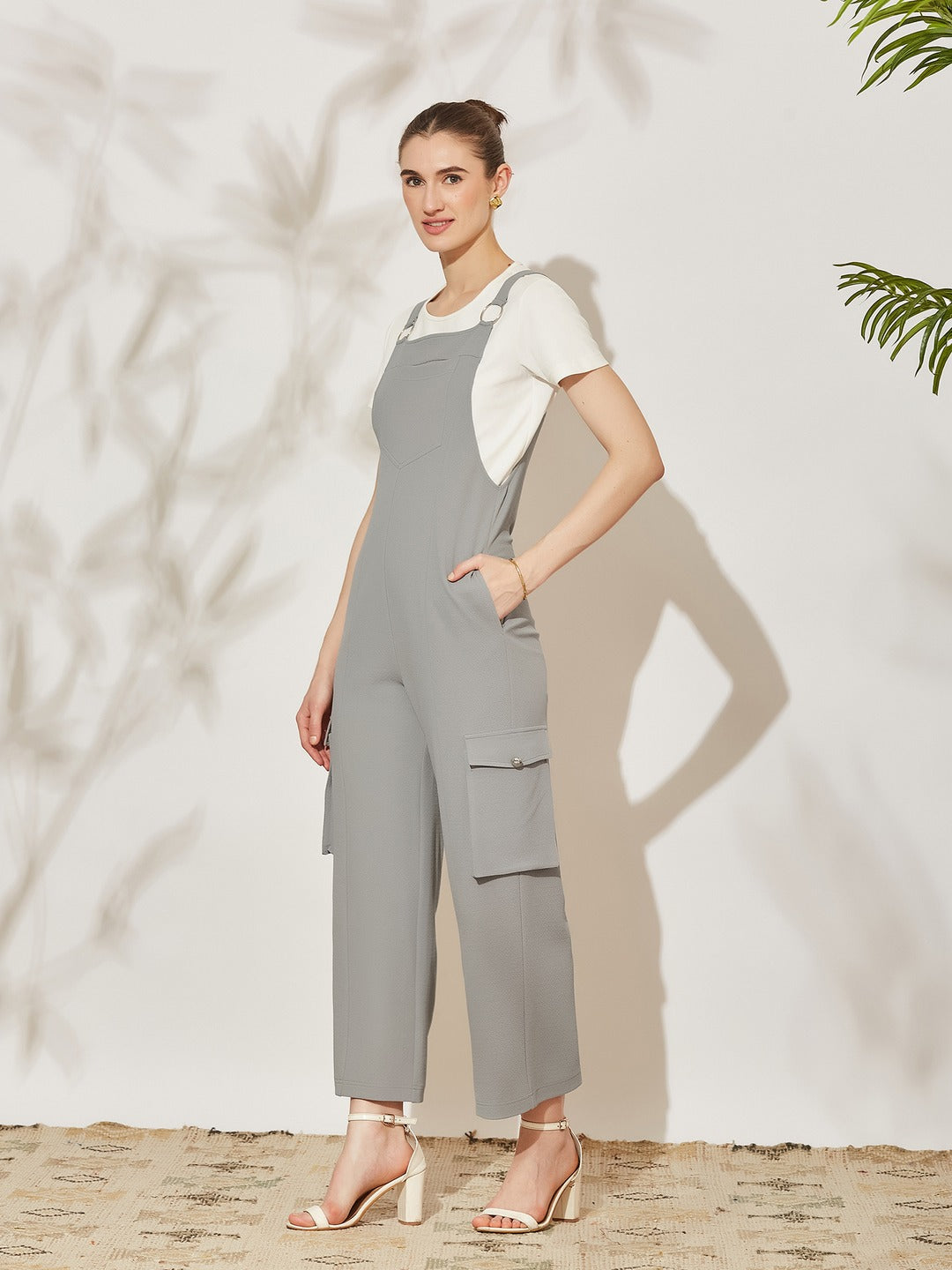 Grey Round Neck Half Sleeve Solid Regular Fit Polyester Dungaree Co-Ord Set for Women