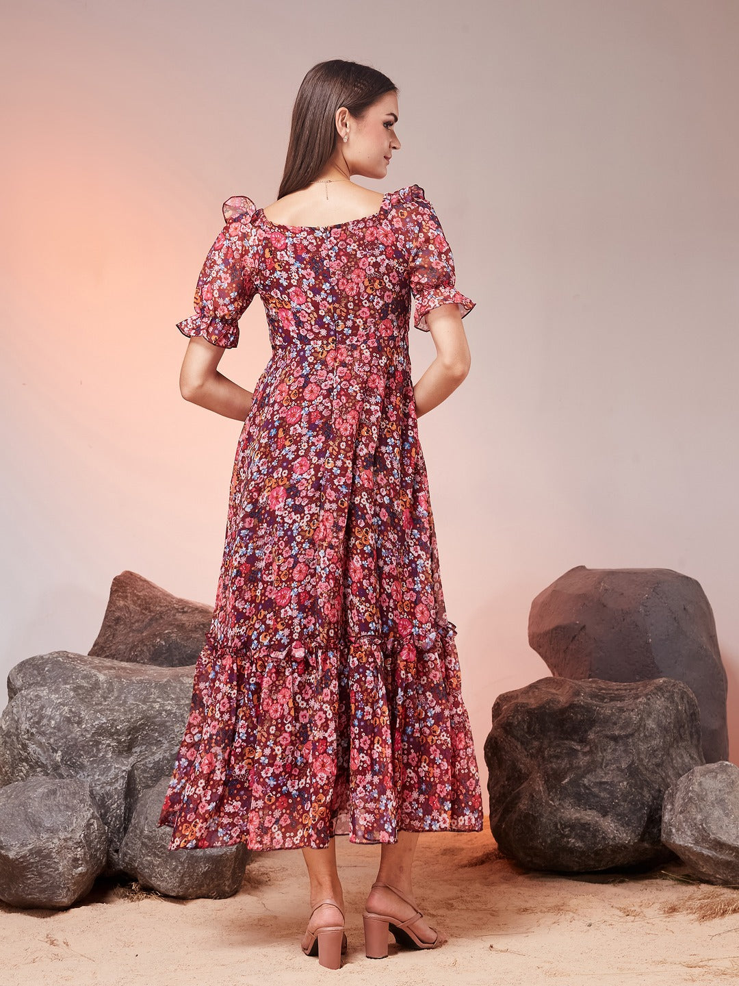 Wine V-Neck Puff Sleeve Floral Ruching Ankle-Length Dress for Women