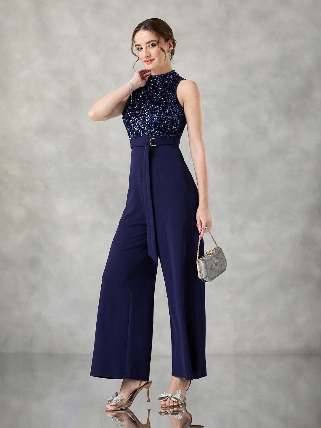Navy Blue Halter Neck Sleeveless Embellished Jumpsuit for Women