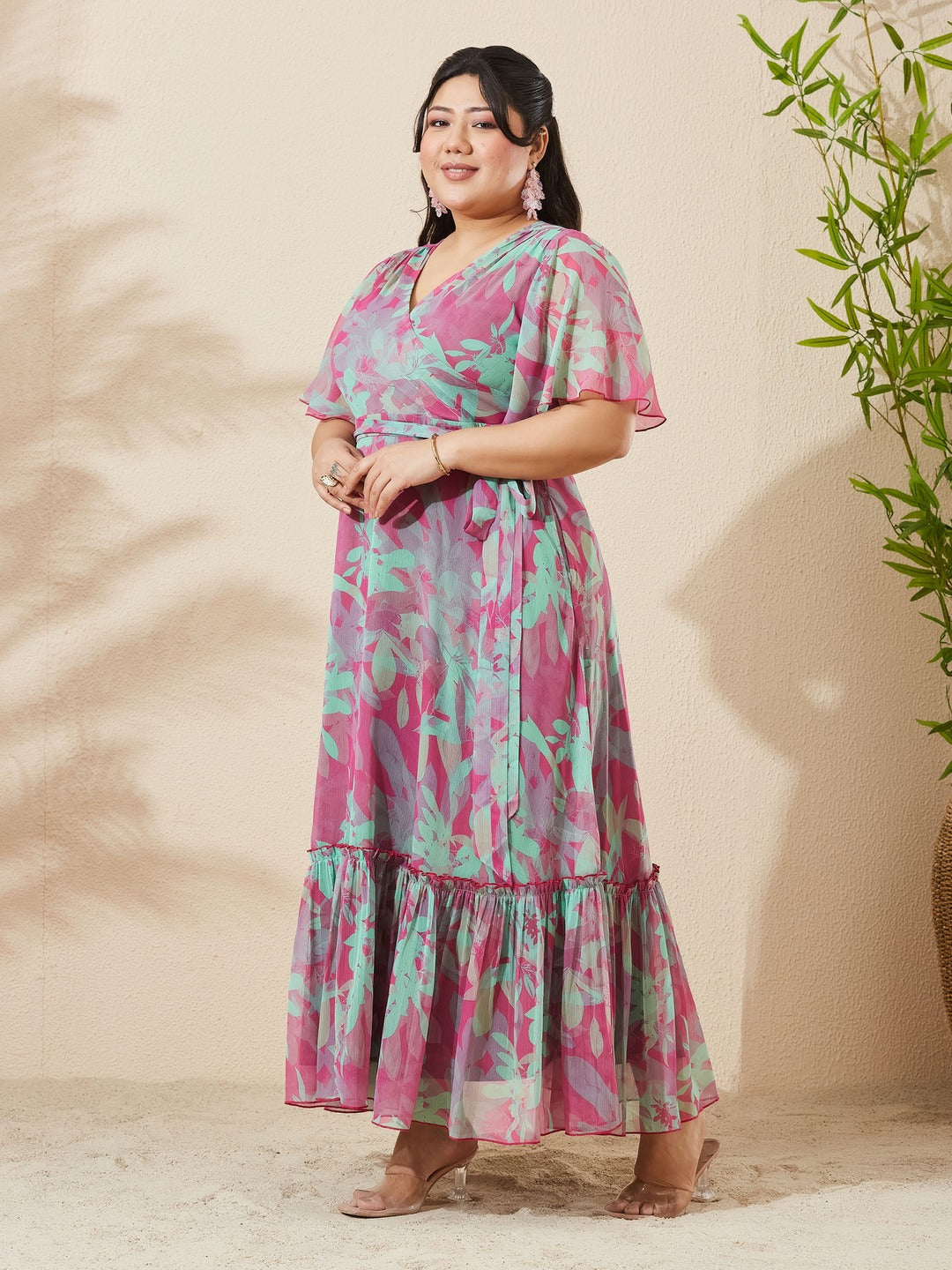 Pink & Mint Floral V-Neck Flutter Sleeve Wrap Chiffon Maxi Dress for Women