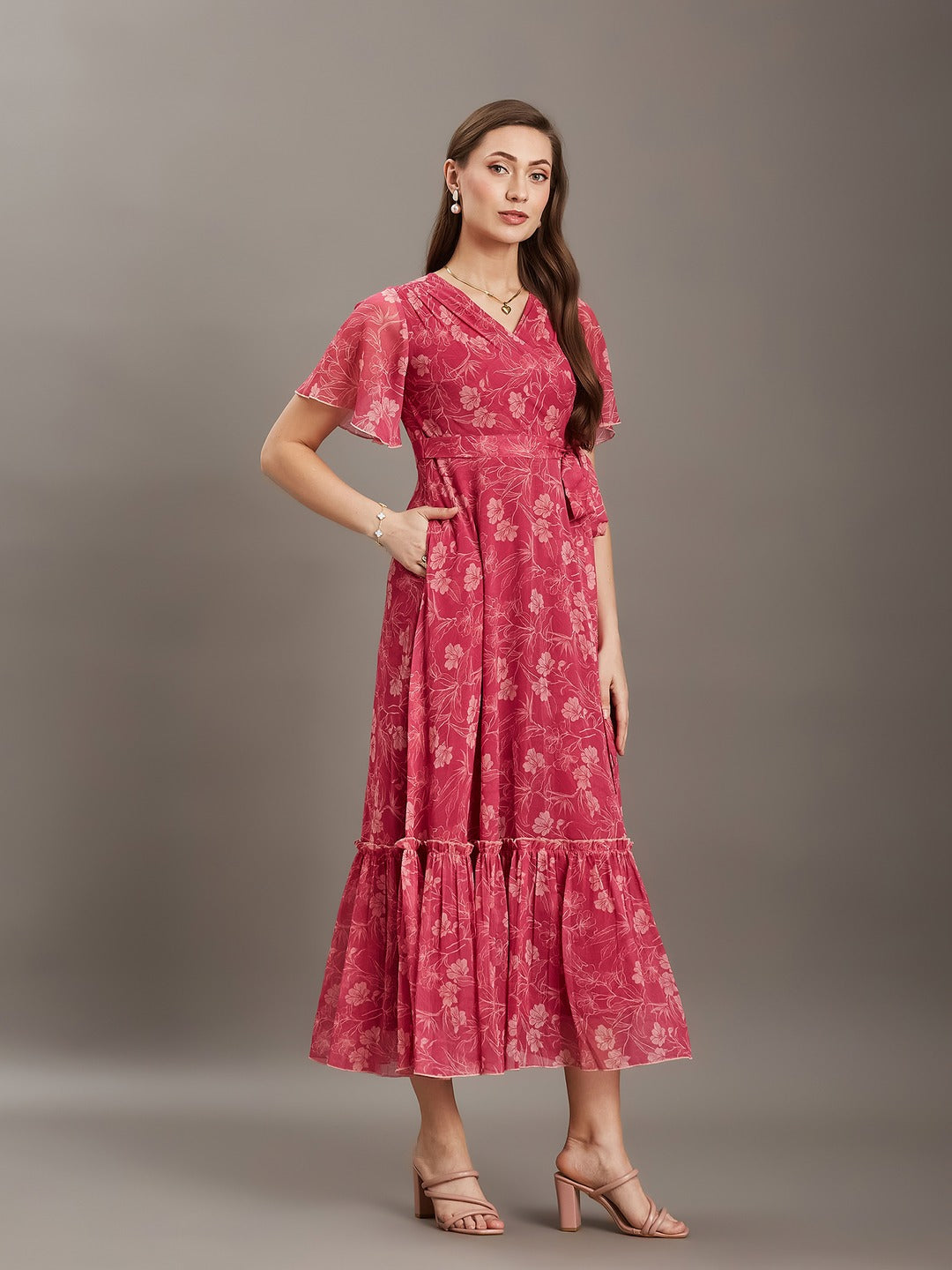 Pink Floral V-Neck Flared Sleeve Wrap Maxi Chiffon Dress for Women