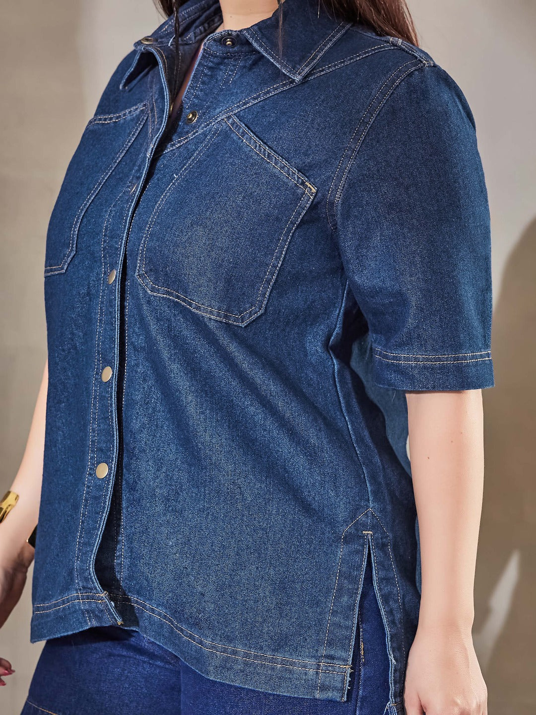 Navy Blue Boxy Denim Shirt - Half Sleeves, Collared, Relaxed Fit for Women