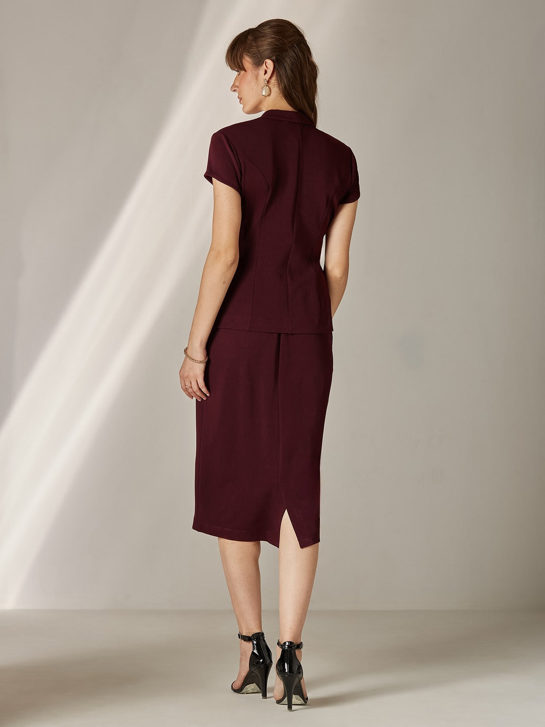 Wine Collared Short-Sleeve Solid Pleated Knee-Long Co-Ord Set for Women