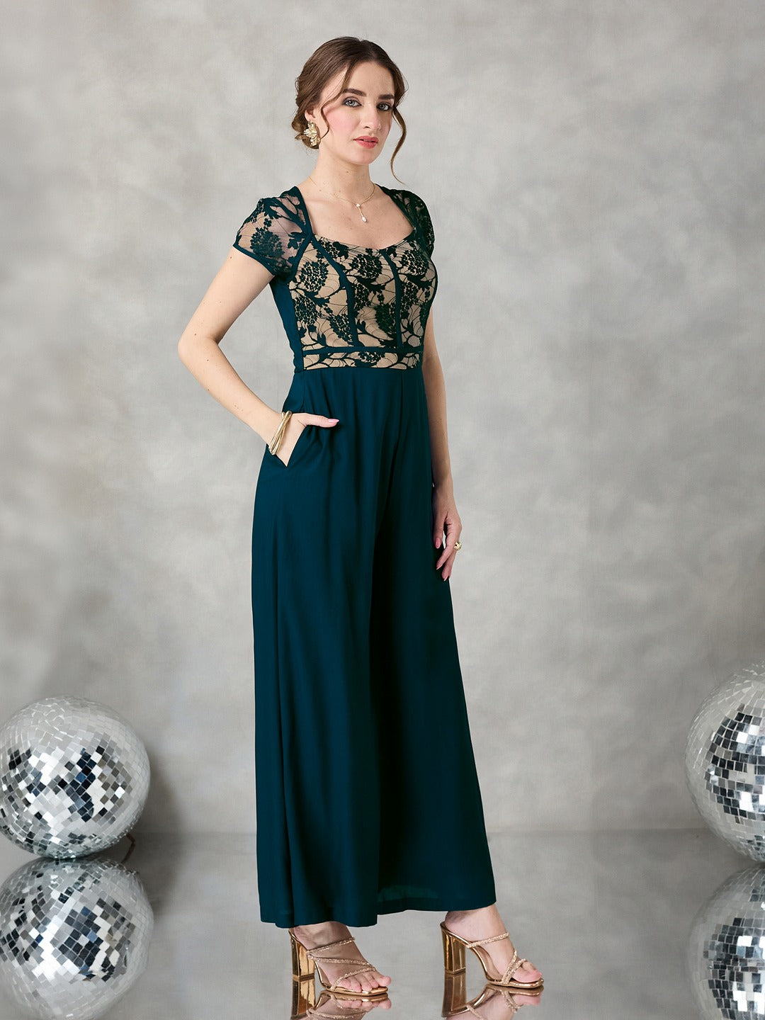 Teal Sweetheart Raglan Sleeve Self-Design Lace Overlaid Regular Fit Viscose Rayon Jumpsuit for Women