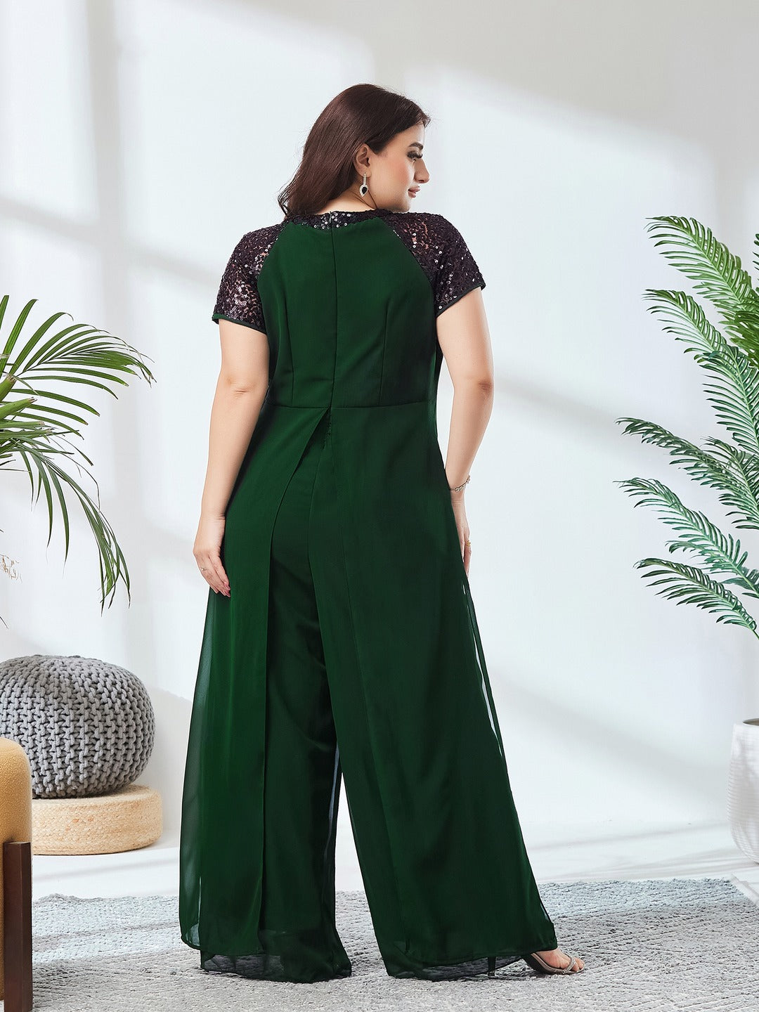Dark Green Round Neck Raglan Sleeve Solid Layered Regular Jumpsuit for Women
