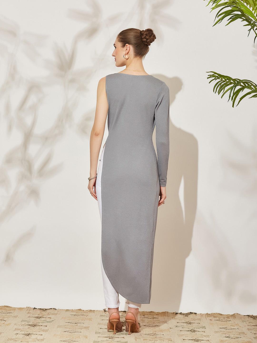 Grey Asymmetric Cowl Full Sleeve Solid Asymmetric Maxi Polyester Top for Women