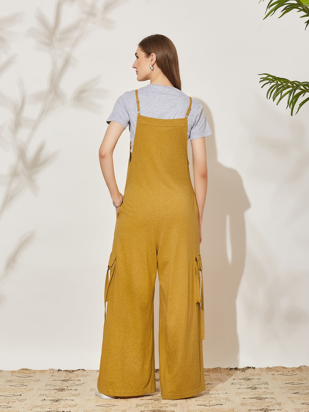 Gold and Grey Round Neck Half Sleeve Solid Regular Fit Cotton Dungaree Co-Ord Set for Women