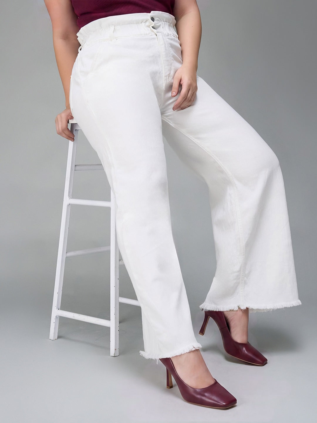 White Flared High Rise Ankle length Stretchable Denim Jeans for Women