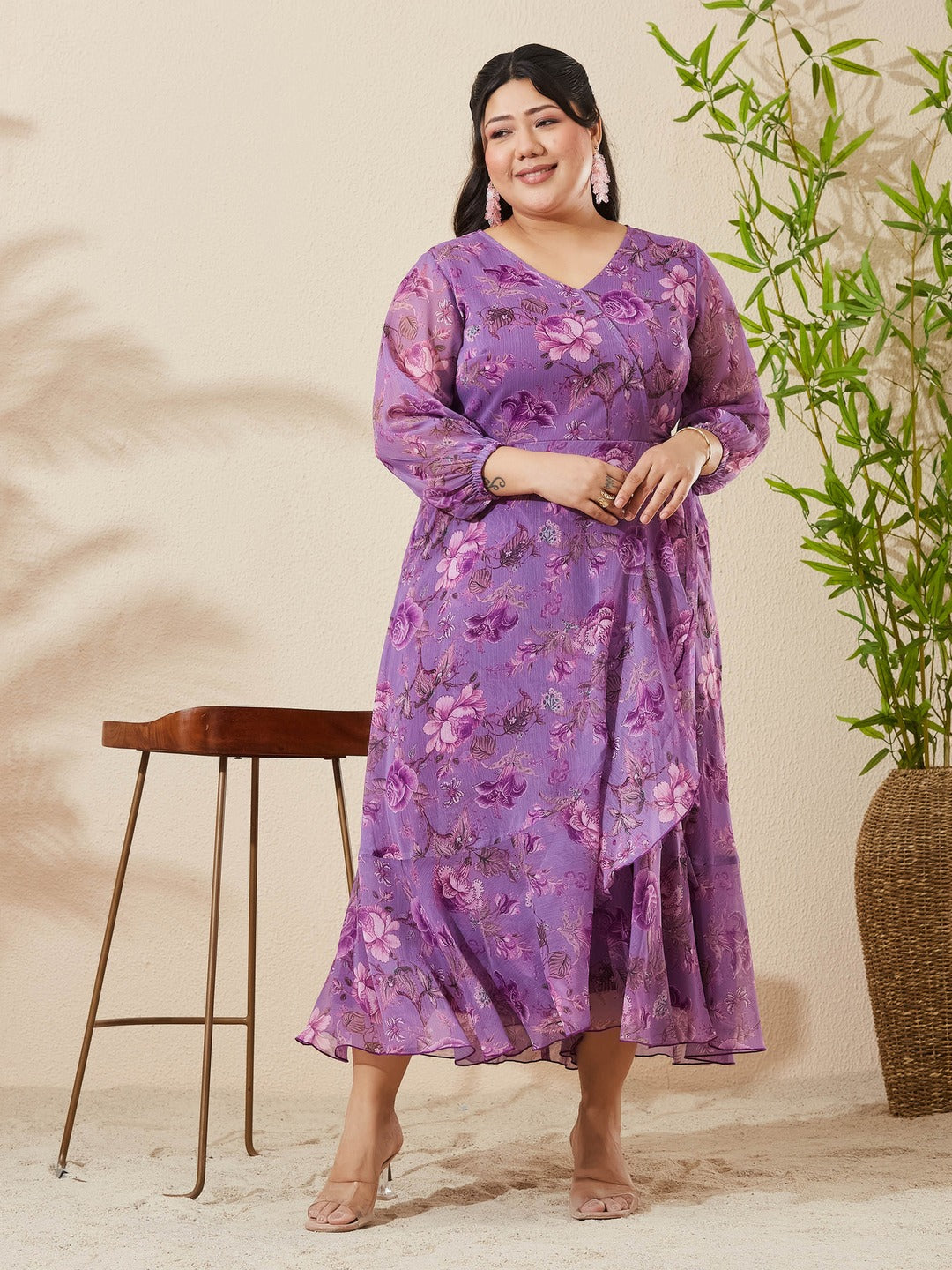 Lavender Floral V-Neck 3/4 Sleeve Wrap Chiffon Midi Dress for Women