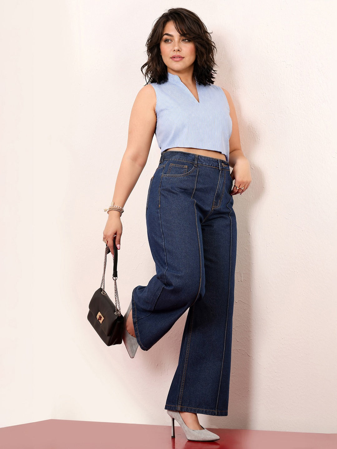 Navy Blue Wide-Leg High-Rise Non-stretchable Denim Jeans for Women