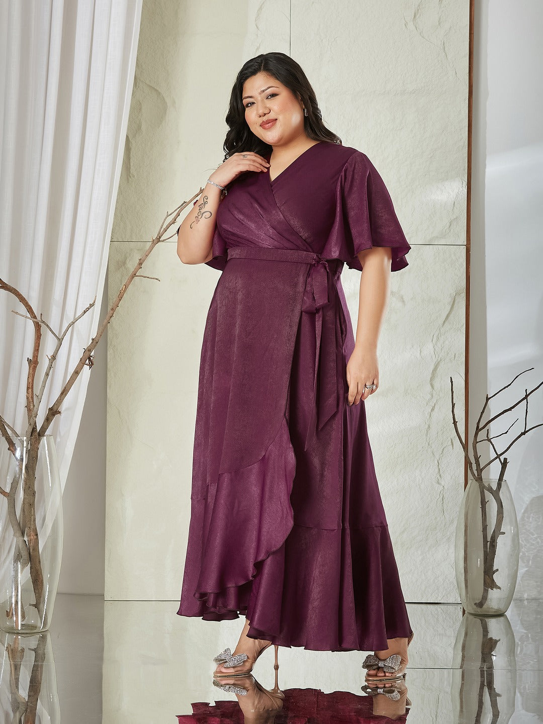 Wine V-Neck Flared Solid Overlap/Tie-Up Midi Satin Dress for Women