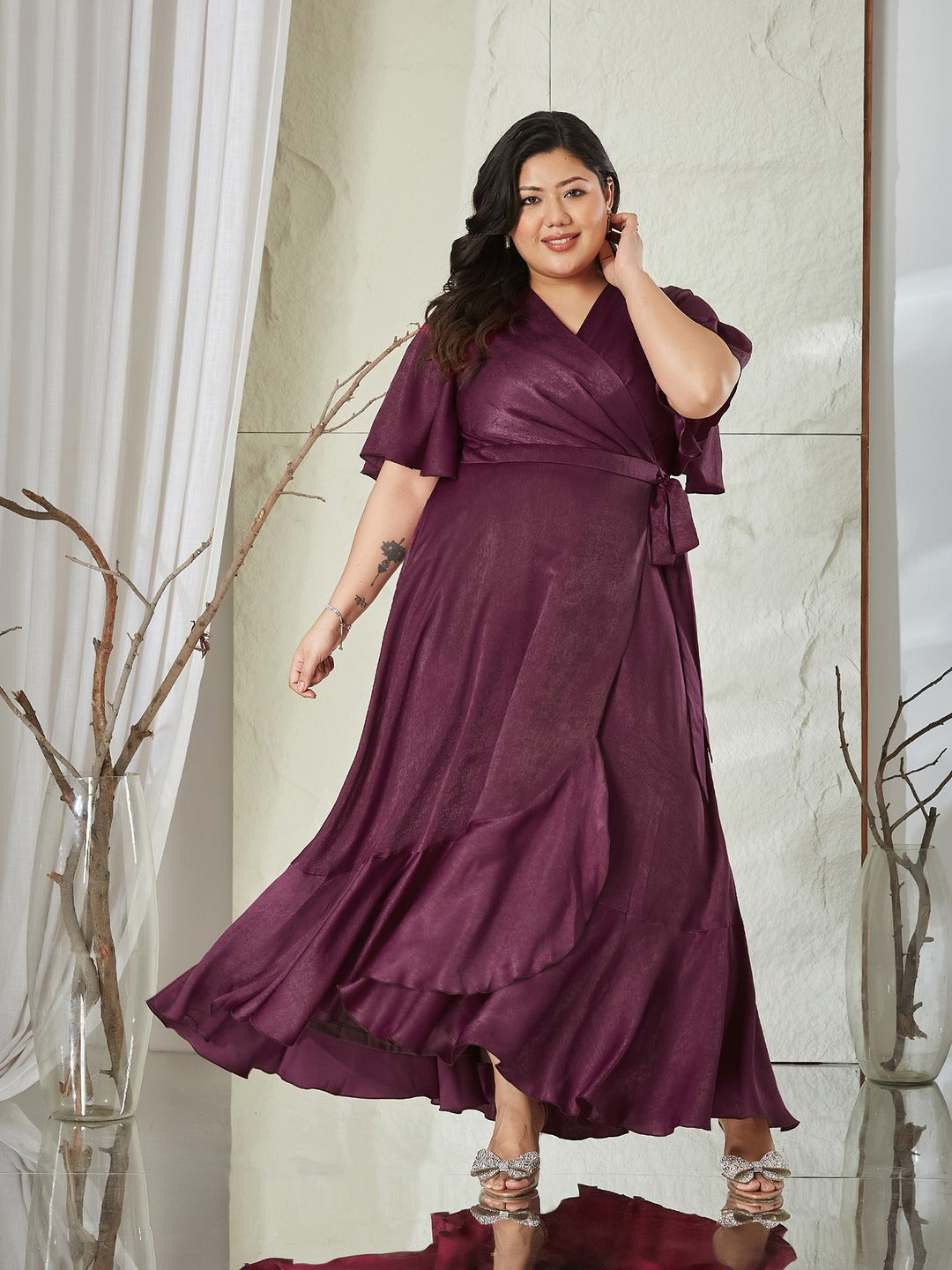 Wine V-Neck Flared Solid Overlap/Tie-Up Midi Satin Dress for Women