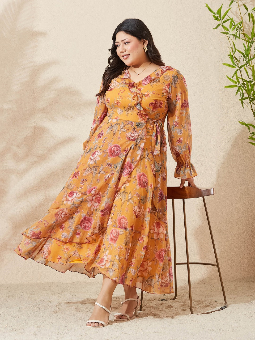 Mustard Bohemian Ruffled Tie-Up Midi Chiffon Dress for Women