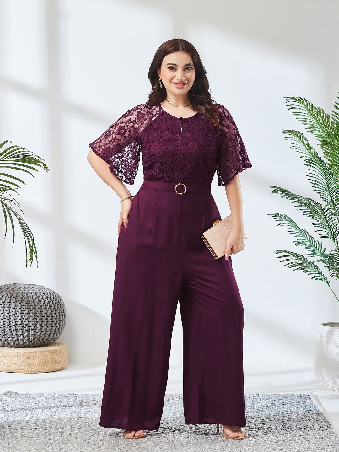 Wine Round Neck Flared Sleeve Floral Raglan Regular Jumpsuit for Women