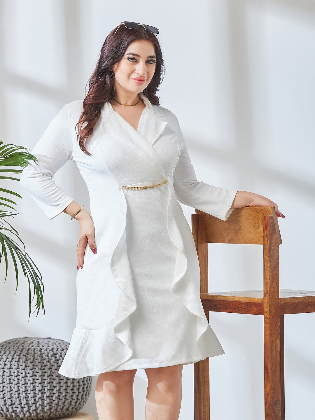 Off White Solid Double Breasted Knee Length Dress for Women