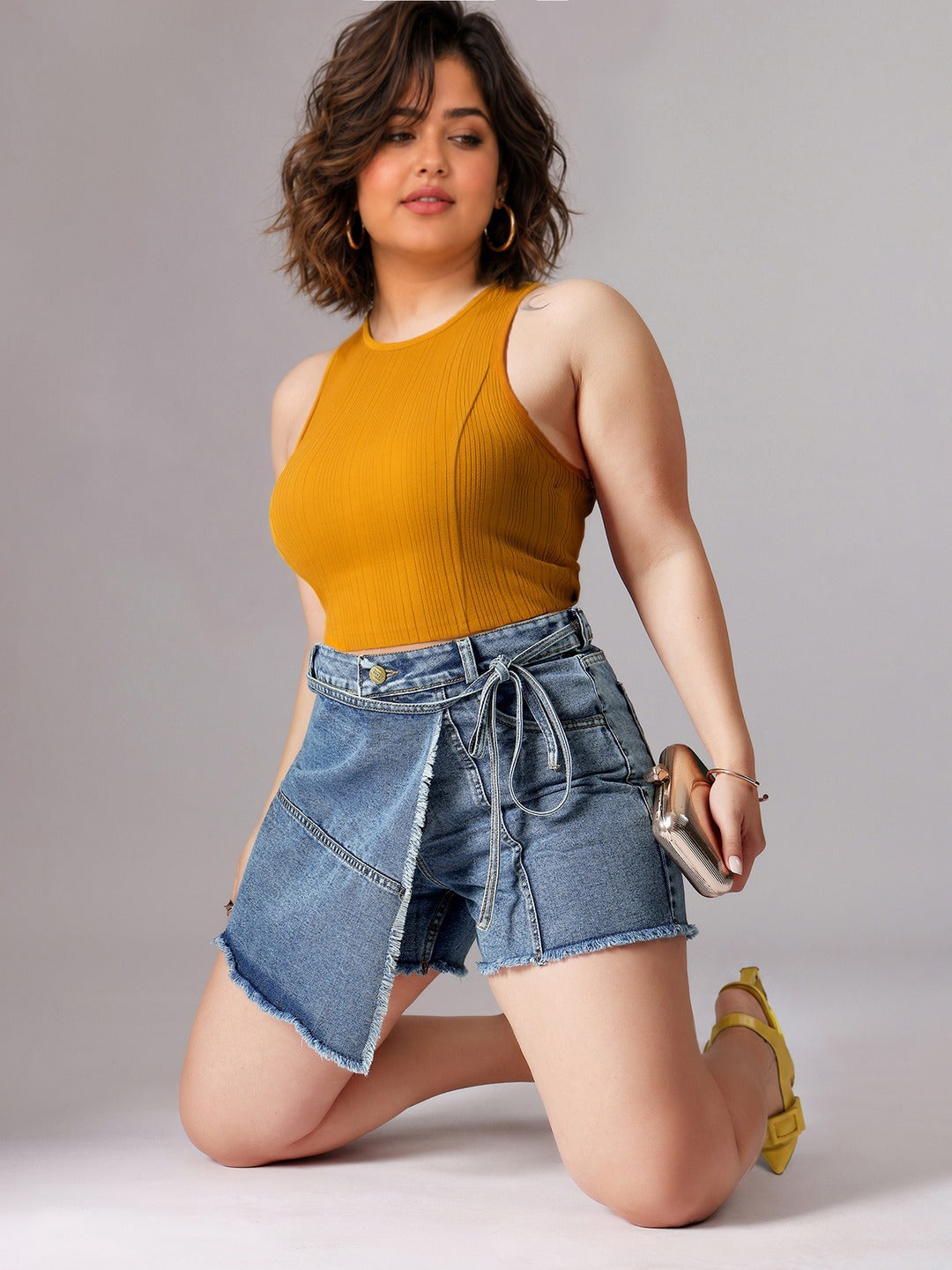 Navy Blue Regular High rise Mild Distress Regular Denim Skorts for Women