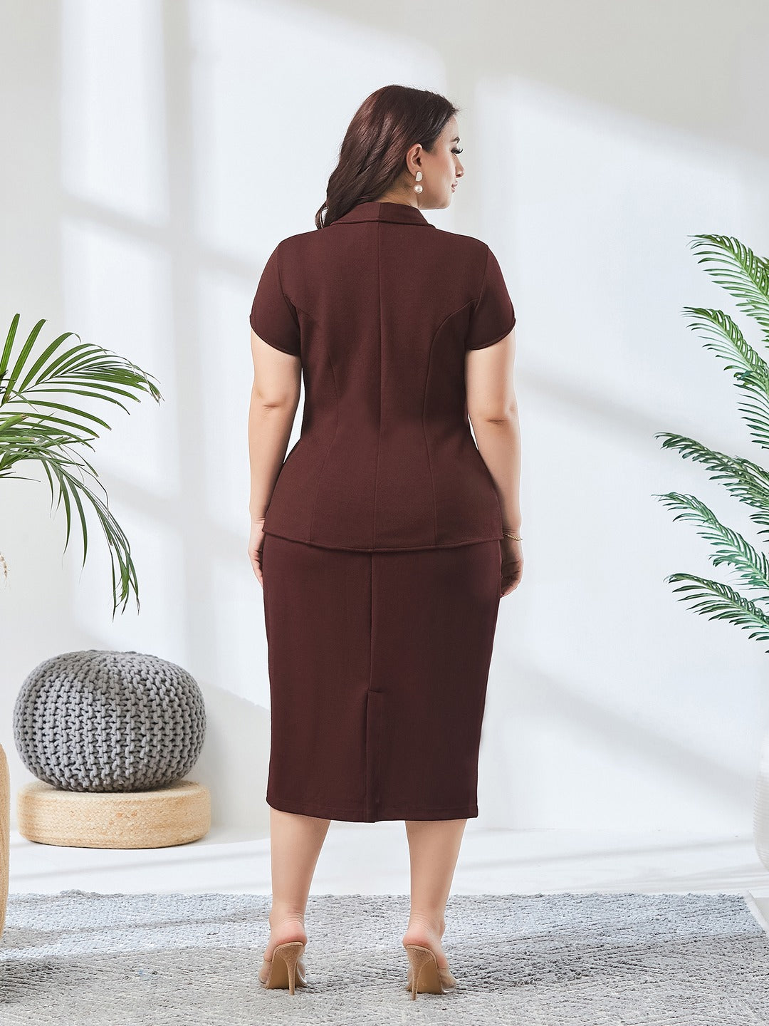 Wine Collared Short-Sleeve Solid Pleated Knee-Long Co-Ord Set for Women