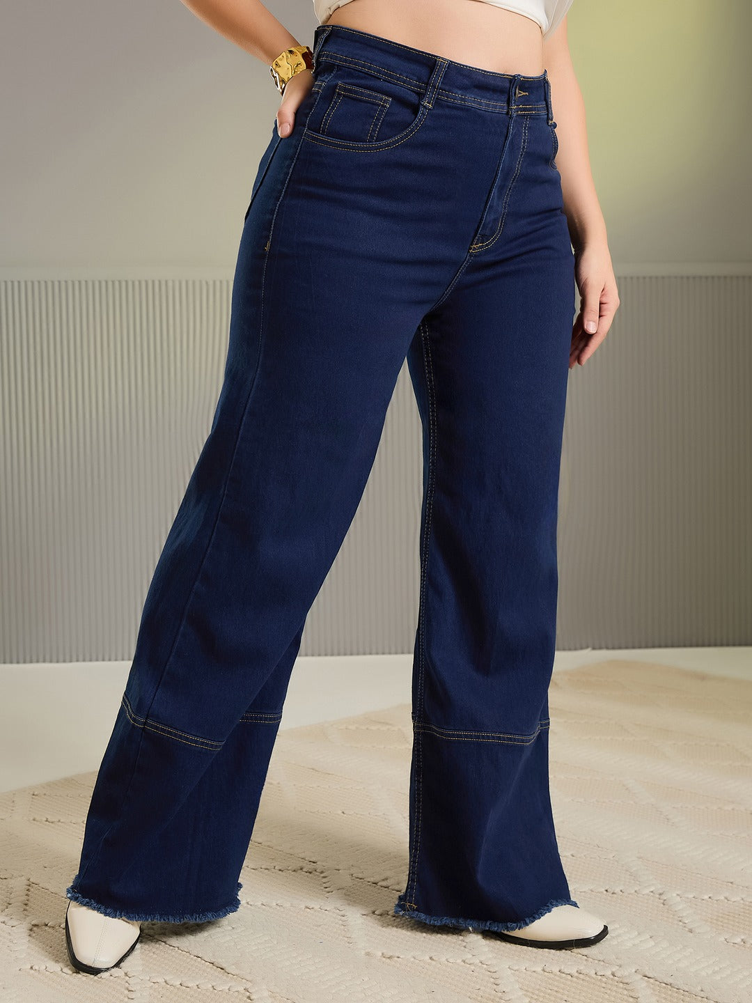 Blue Wide-Leg High-Rise Stretchable Patch-Pocketed Denim Jeans for Women