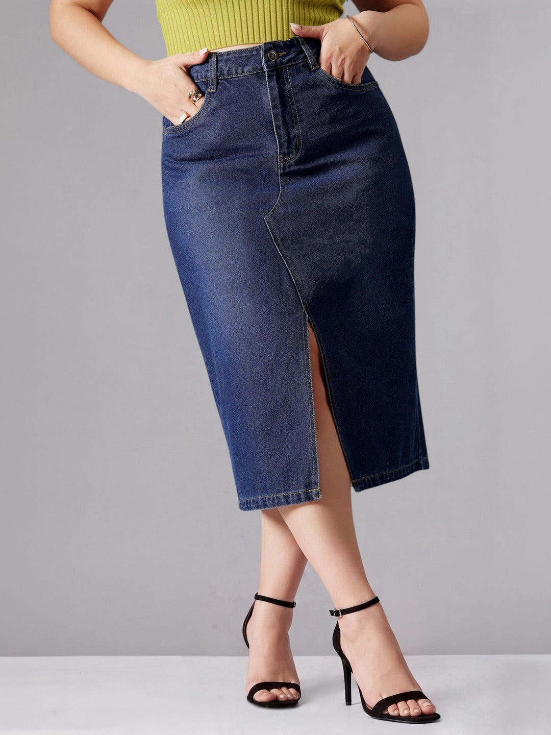 Dark Blue A-Line High-Rise Non-stretchable Denim Midi Skirt for Women