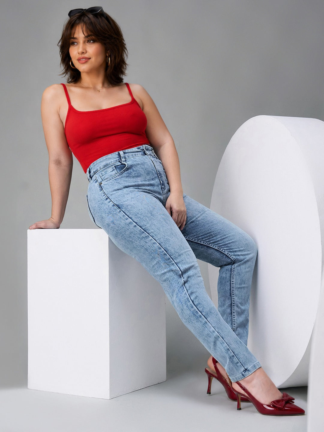 Light Blue Slim Fit High Rise Light Wash Denim Stretchable Jeans for Women