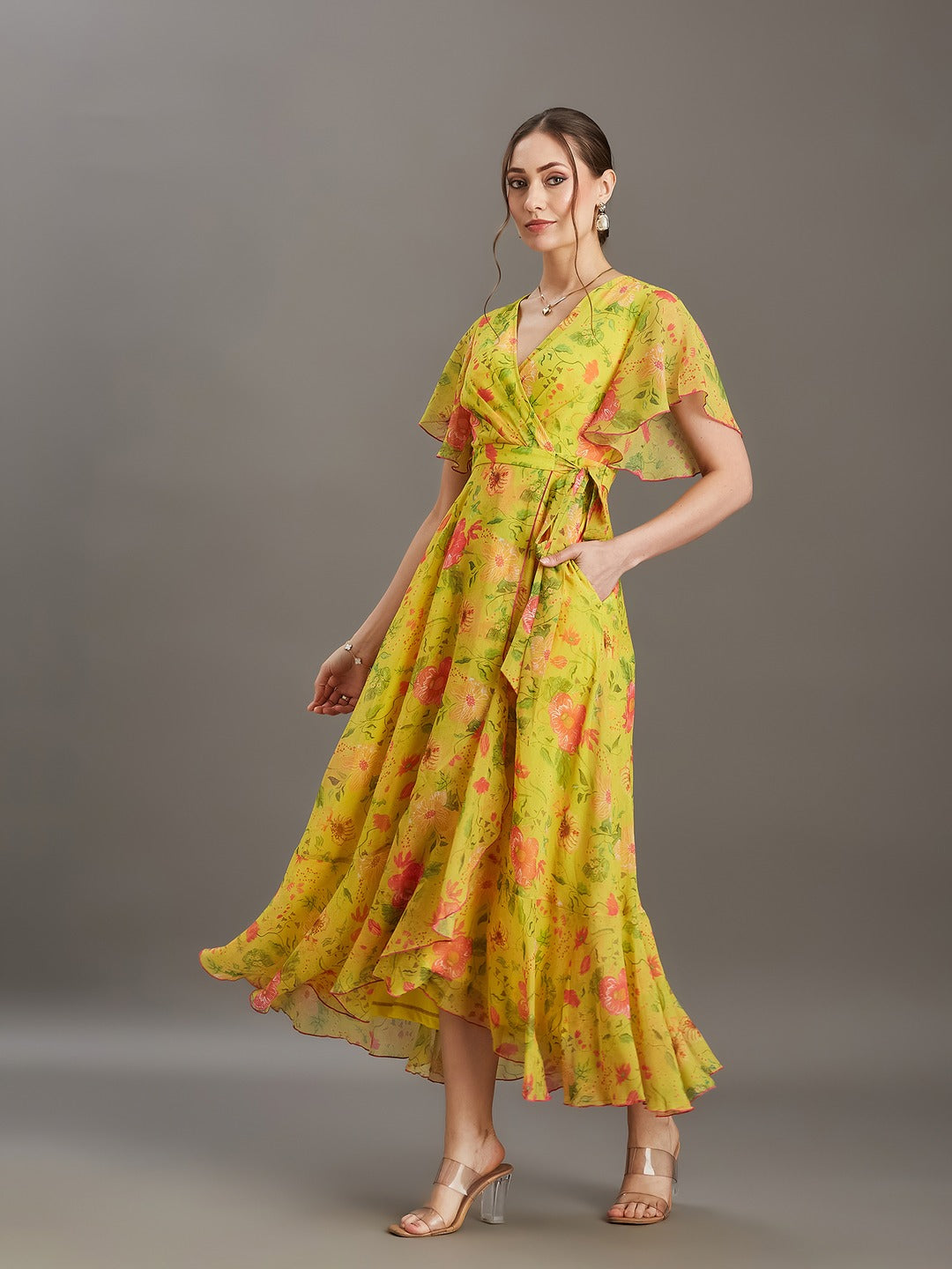 Acid Yellow V-Neck Flared Floral Overlap/Tie-Up Maxi Chiffon Dress for Women