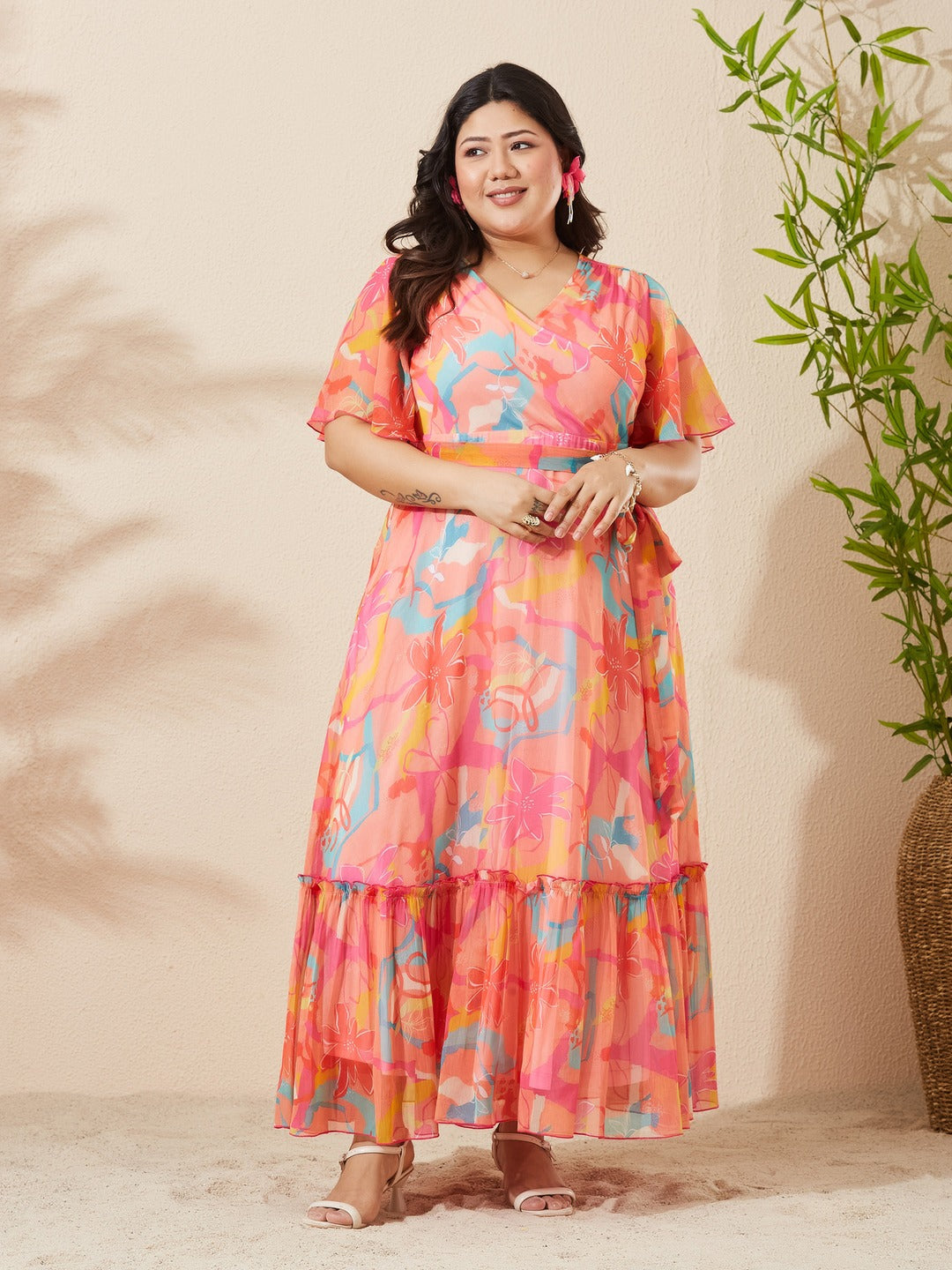 Light Orange Floral V-Neck Flared Sleeve Wrap Chiffon Maxi Dress for Women