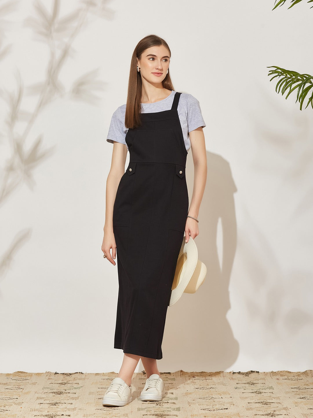 Black and Grey Solid Cotton Pinafore Maxi Co-ord Set with Utility Pockets for Women