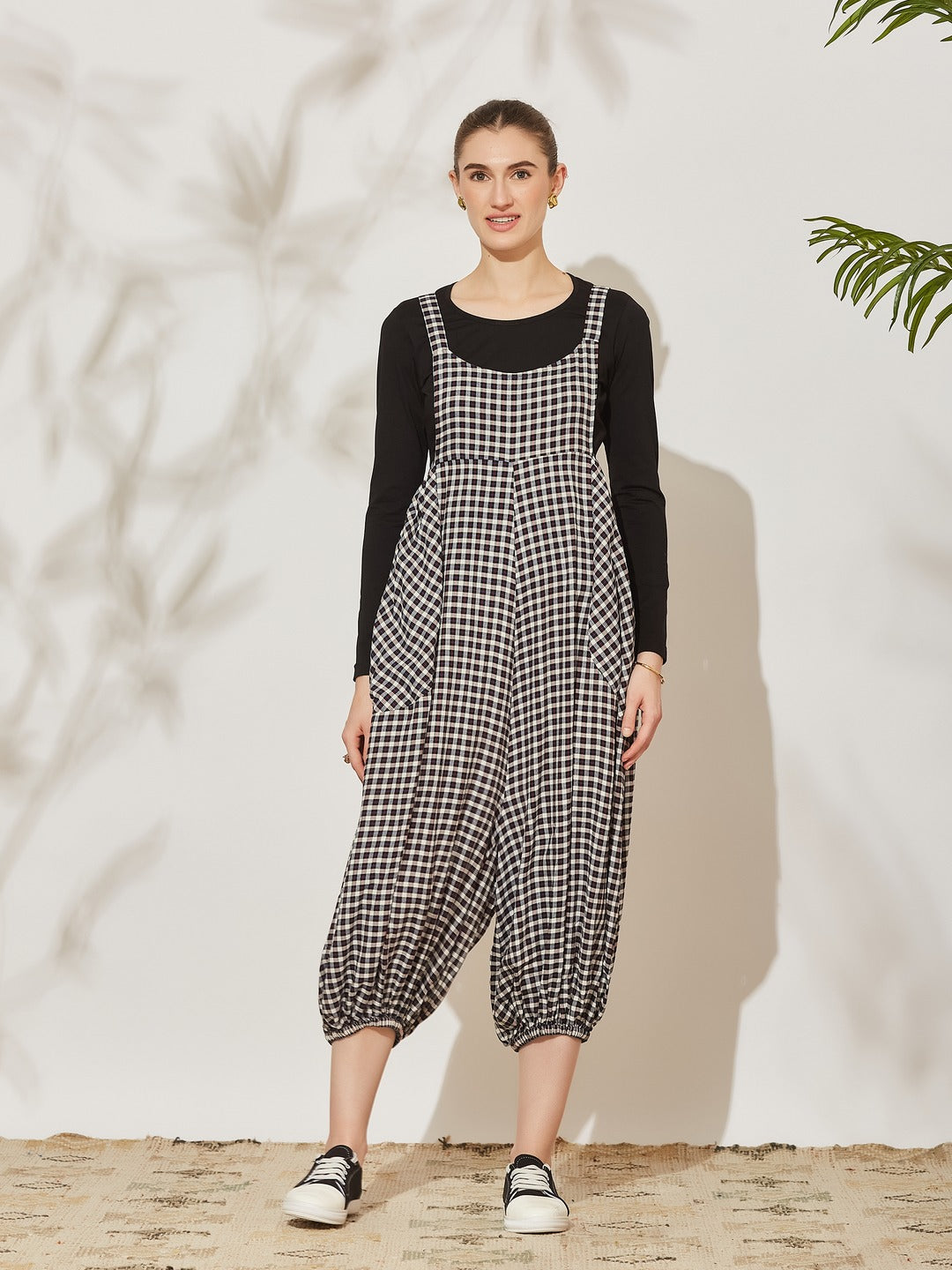 Black Round Neck Full Sleeve Checkered Harem Dungaree Regular Viscose Rayon Dungaree Co-Ord Set for Women