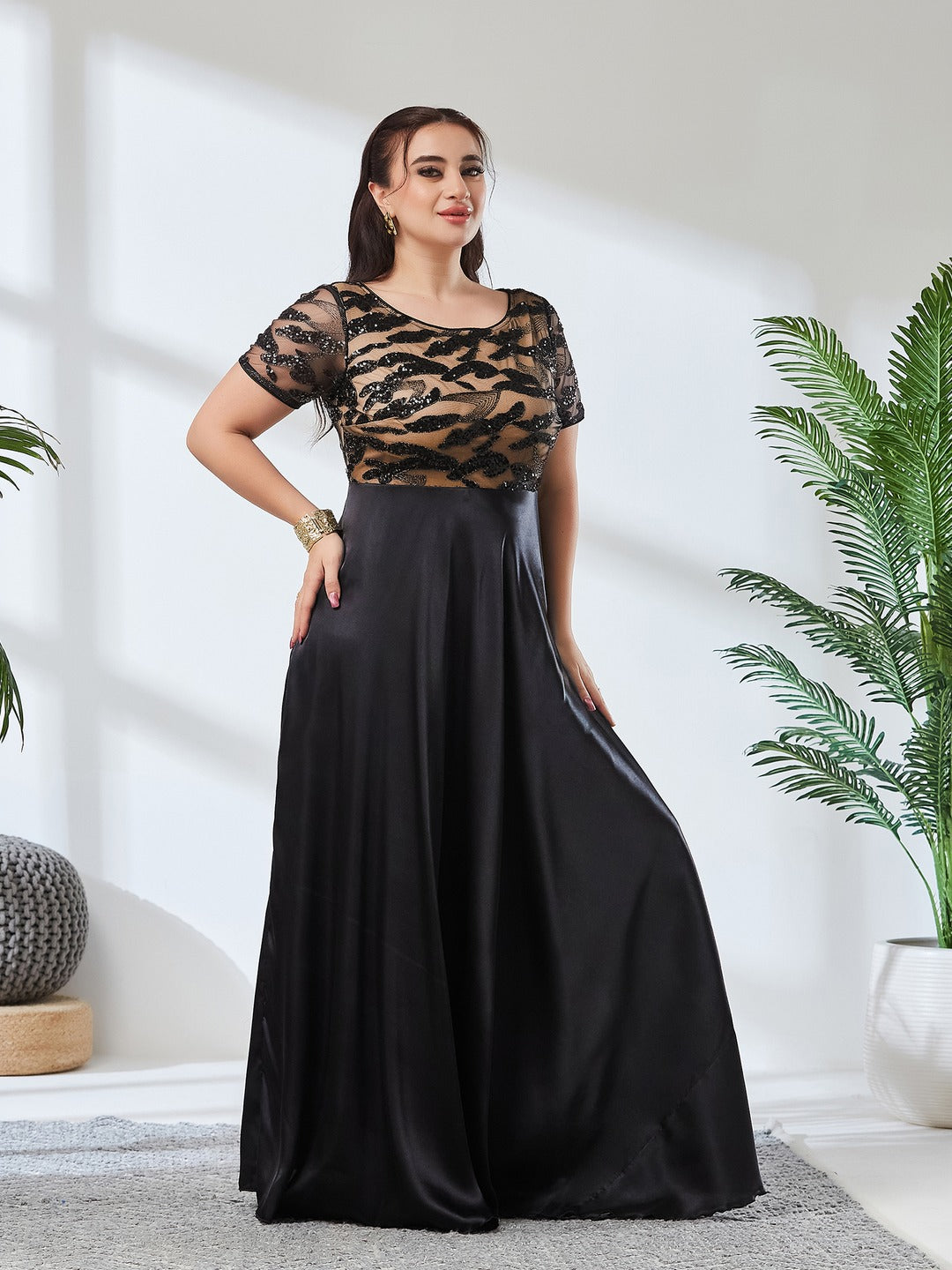Black Boat-Neck Short-Sleeve Abstract Fit & Flare Satin Maxi Dress for Women