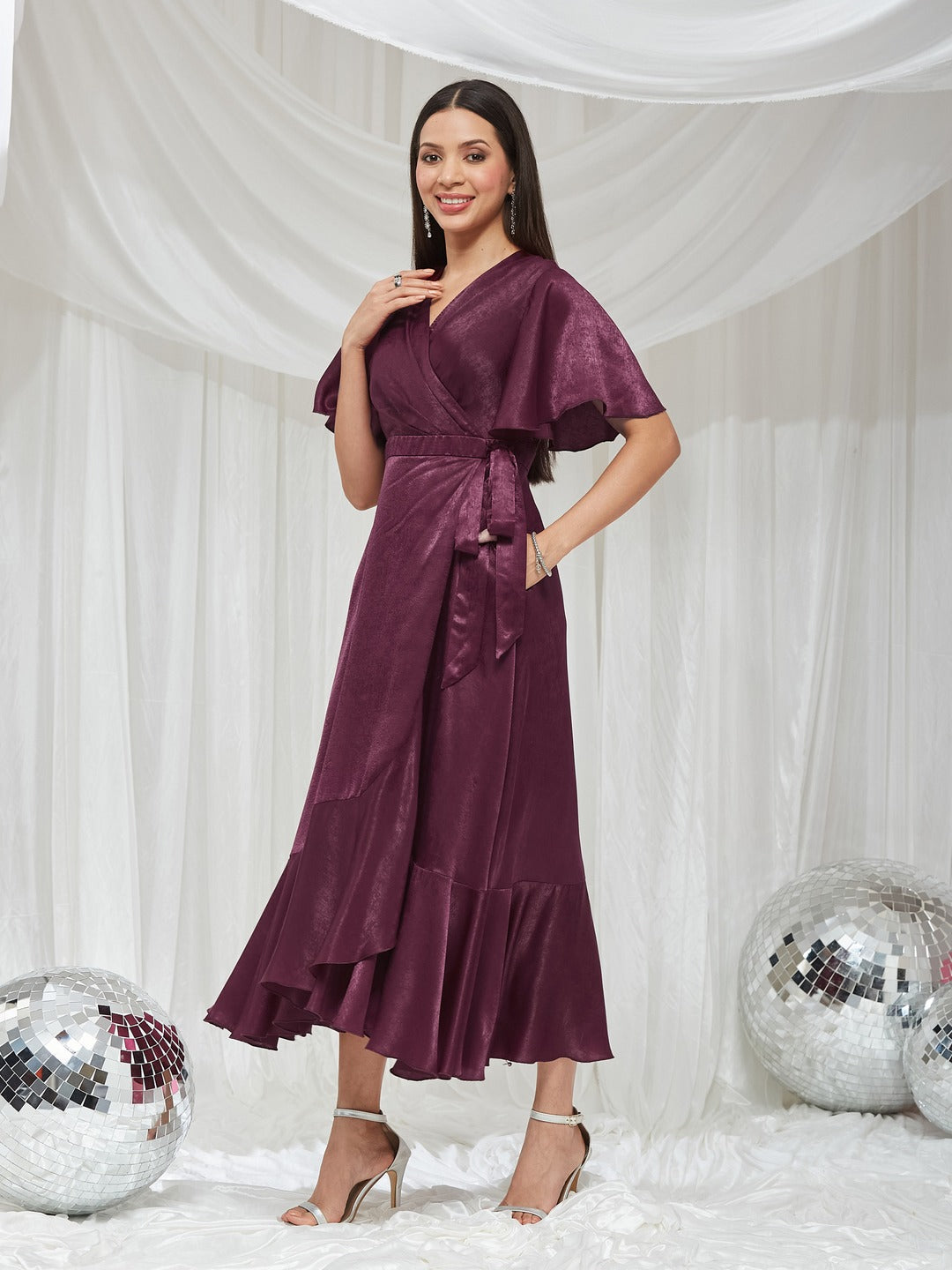 Wine V-Neck Flared Solid Overlap/Tie-Up Midi Satin Dress for Women