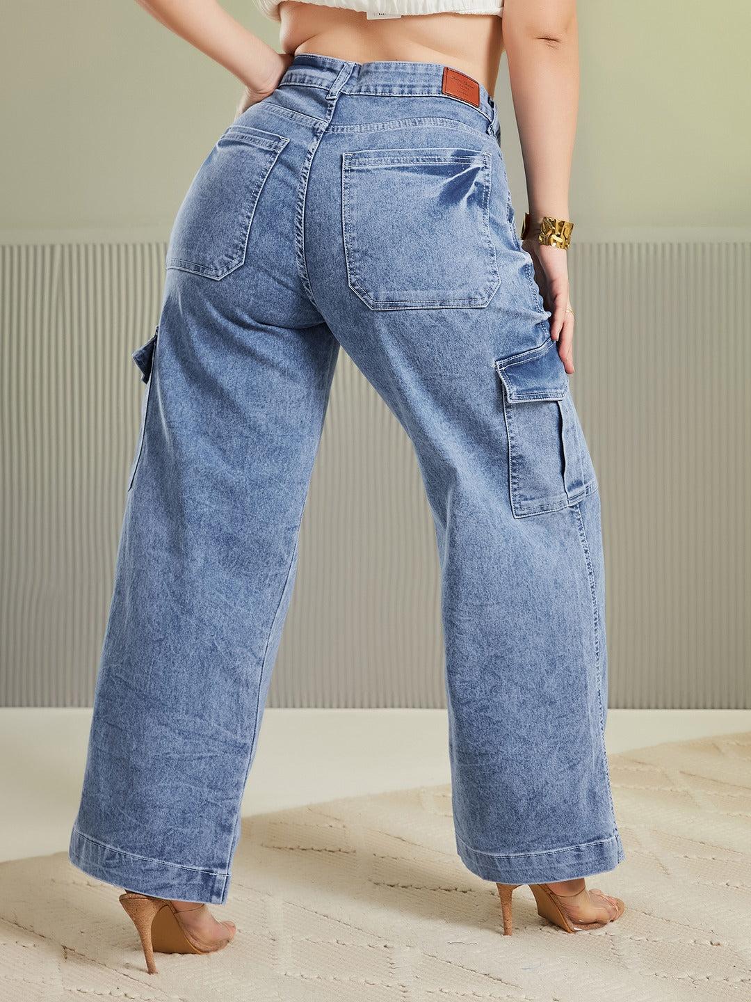 Mid Blue Wide-Leg High-Rise Stretchable Denim Jeans for Women