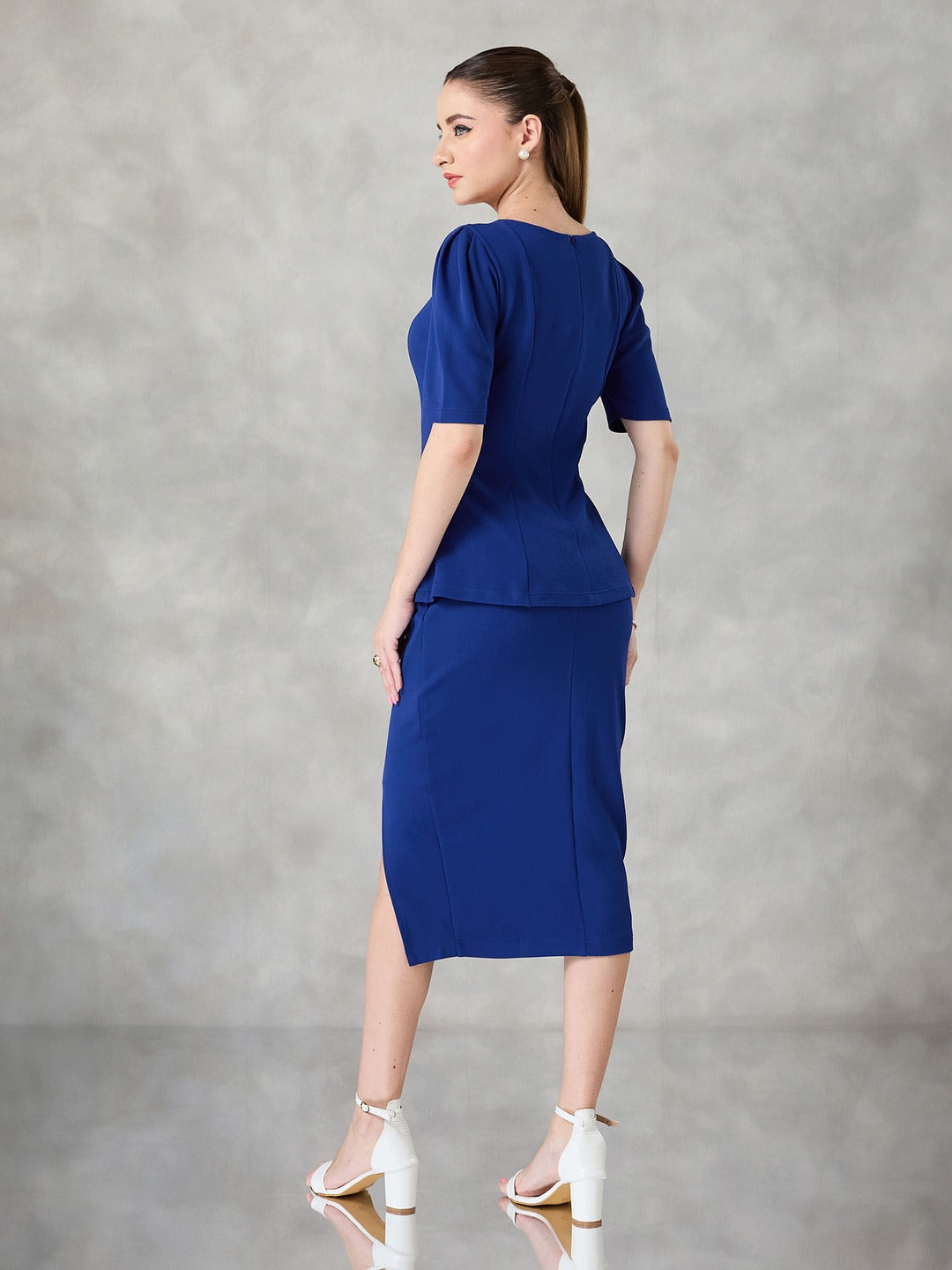 Royal Blue Square Neck Half Sleeve Solid Peplum Knee-Long Premium Polyknit Co-Ord Set for Women