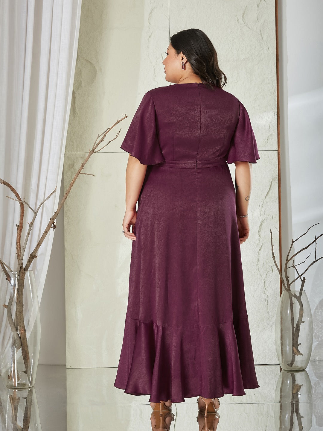 Wine V-Neck Flared Solid Overlap/Tie-Up Midi Satin Dress for Women