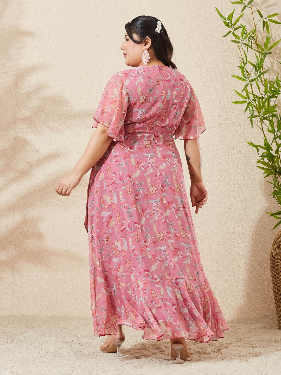 Desert Pink V-Neck Flared Floral Overlap Tie-Up Maxi Chiffon Dress for Women