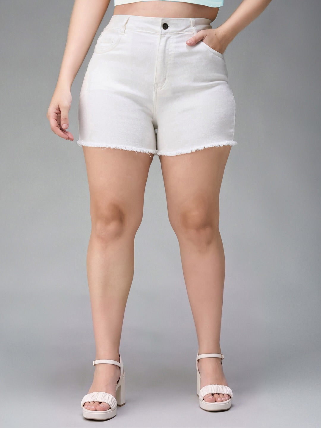 White Regular High Rise Regular Stretchable Denim Shorts for Women