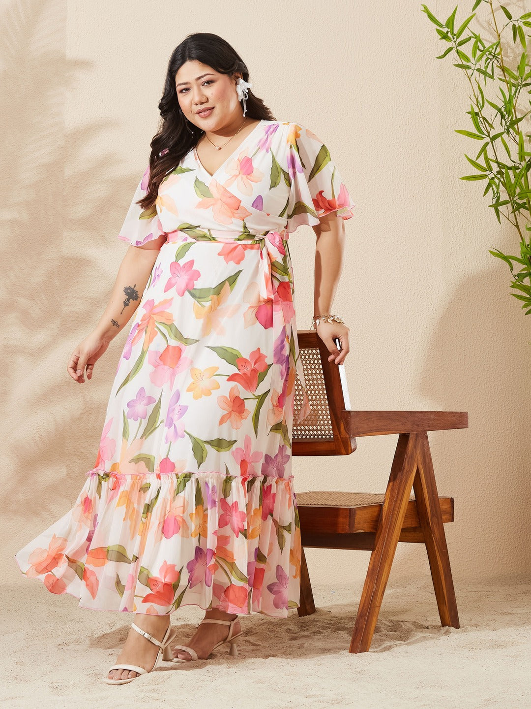 Green & Orange Floral V-Neck Flutter Sleeve Wrap Maxi Chiffon Dress for Women